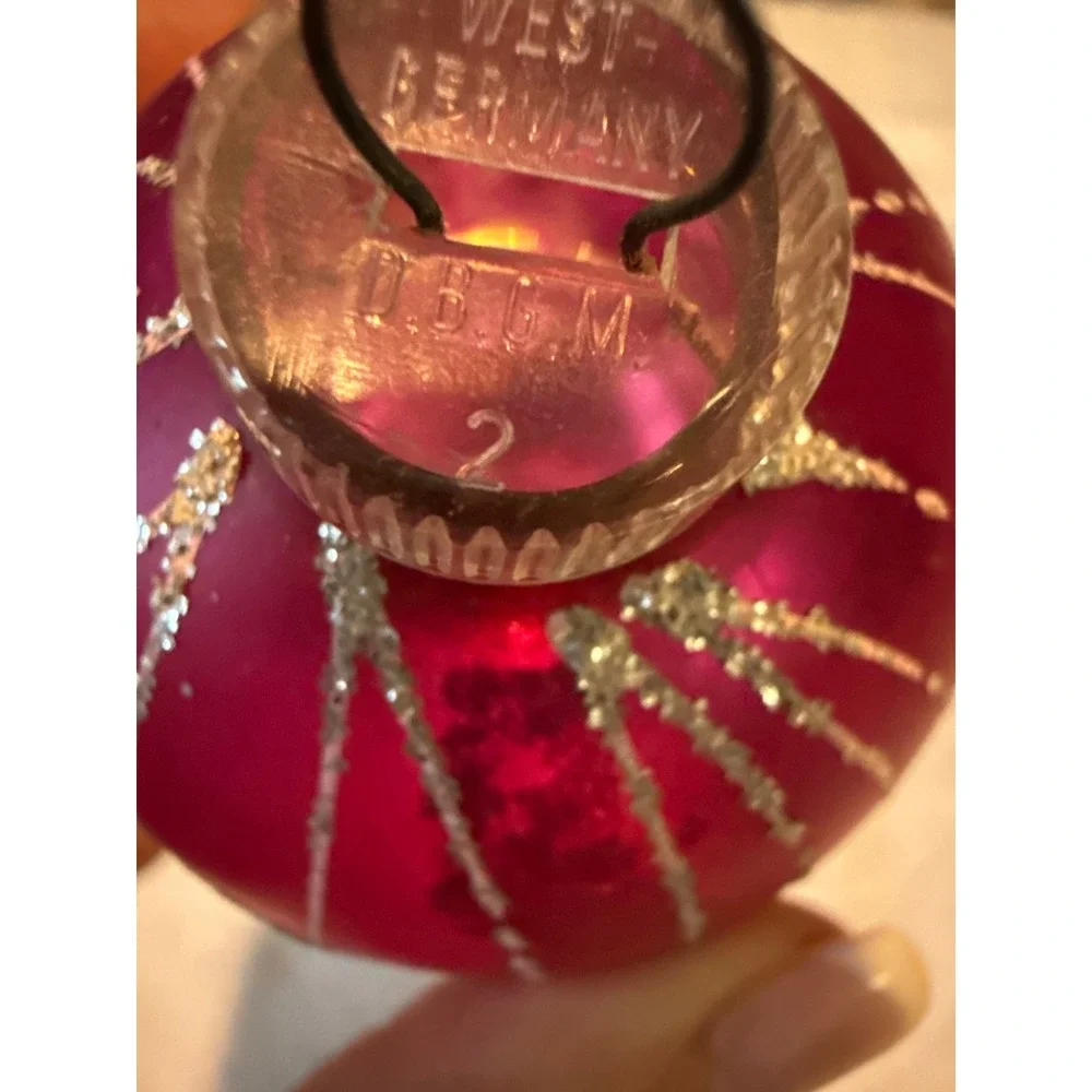 West Germany Glass‎ Christmas Ornament Magenta Glitter Design 2.5